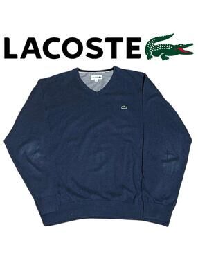 Men's Lacoste Navy Blue V-Neck Sweater - Size 3XL